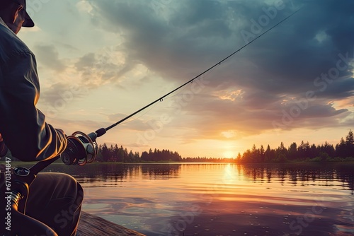 background Fishing sunset lake fisherman hand closeup man action hobby fresh water leisure activity catching reel rod sport angling spinning summer sunlight angler line casting braid forest boat bac photo