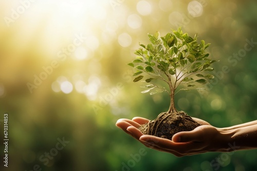sunshine background green growing tree big holdig hand   environment earth day green eco tree earth background concept friendly ecosystem environmental ecology hand sustainable nature photo