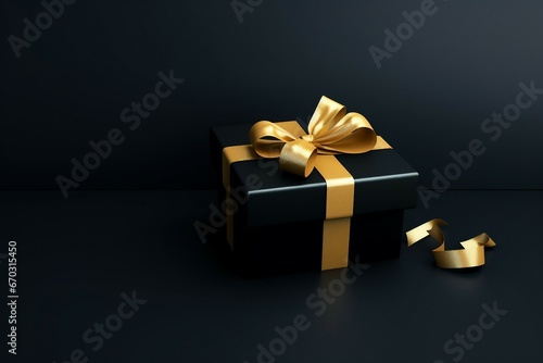 rendering 3d background black bow golden box gift christmas present ribbon birthday holiday celebration isolated decoration surprise package gold anniversary object paper valentine yellow