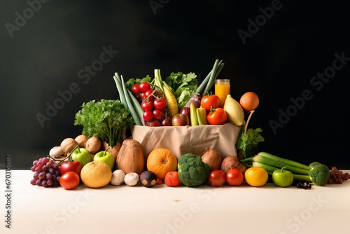 food healthy shopping grocery delivery background topview tomatoes bag fruit various purchase apple fresh buying meal green ingredient vegetable balanced concept nourishment celery white market