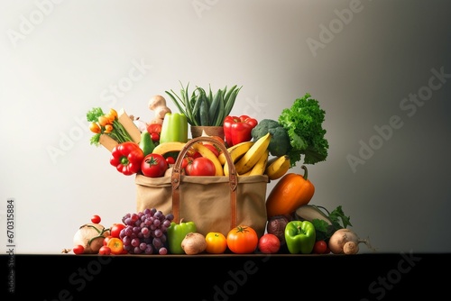 food healthy shopping grocery delivery background topview tomatoes bag fruit various purchase apple fresh buying meal green ingredient vegetable balanced concept nourishment celery white market