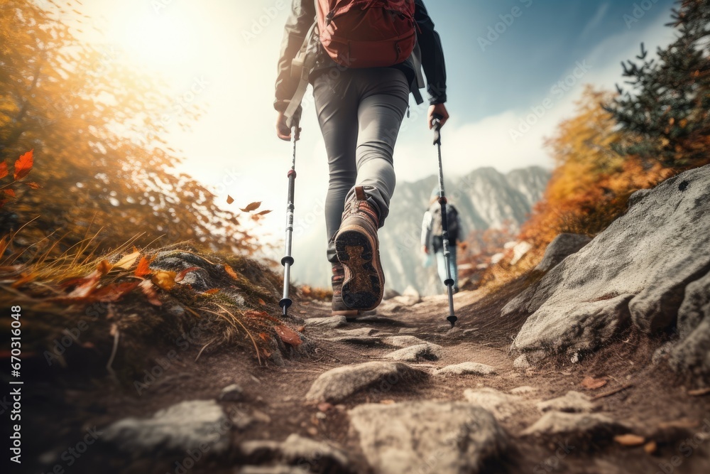 boot focus trail mountain steep climbs sticks trekking woman hiker   group trekking trail hiking adventure activity mountain travel hike boot forest nature vacation hiker shoe foot person - obrazy, fototapety, plakaty 