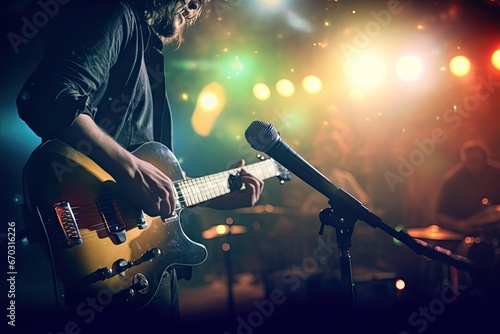 concept blur soft background microphone stage guitarist guitar musician band player music musical concert live play rock show guy performer bass rocker solo photo