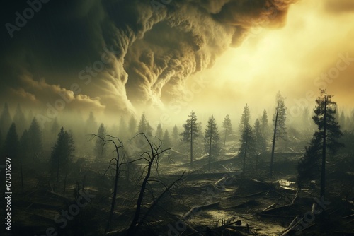Destructive tornado ravaging forest amidst climate change catastrophe. Generative AI photo