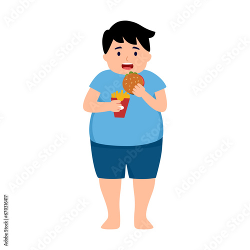 Obesity child eating hamburger and French fried in flat design on white background.