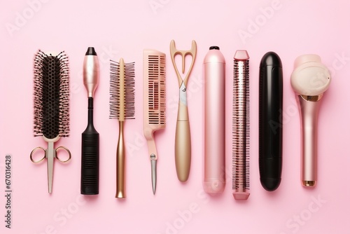 space copy background pink tools dresser hair professional hairdresser salon gold beauty design set dryer equipment razor barber drier care haircut cutting shop sprayed black accessory photo