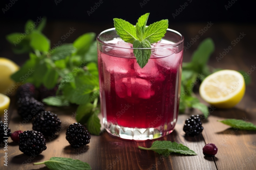 Sunlit Rustic Scene with a Cooling Glass of Blackberry Lemonade Garnished with Fresh Mint Sunlit Rustic Scene with a Cooling Glass of Blackberry Lemonade Garnished with Fresh Mint