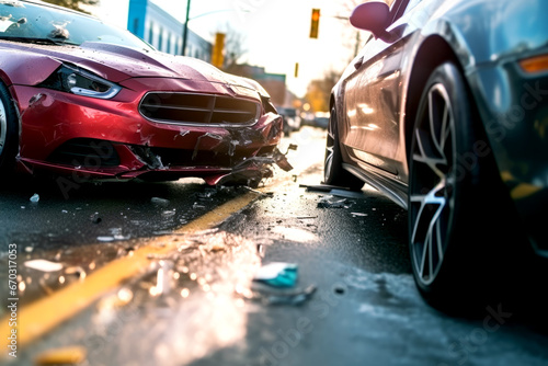 Close up of two cars crashed on road in background of cityscape. Insurance concept of safety or danger.