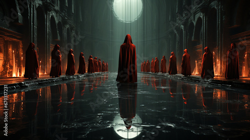 Evil Cult Group Meeting in a Temple, Red Cloaks