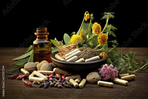 herbal medicine herbs herb pill vitamin health care supplement plant flowering tablet pharmaceutical flower capsule sprig bowl glasses naturopathic herbalism mixed extract drug alternative white
