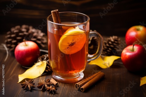 Homemade Spiced Apple Beverage Served in a Glass with Fresh Apple Slices and Cinnamon Sticks on an Old Wooden Table