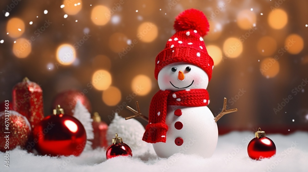 Snow man with christmas setting on bokeh background Snow man with christmas setting on bokeh background