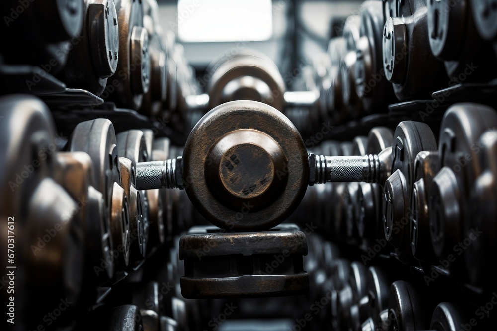 Fototapeta premium dumbbells gym equipment fitness training weight lifting row physical exercise dumbbell heavy health power barbell club strength rack strong iron interior weightlift building lift sport free fit