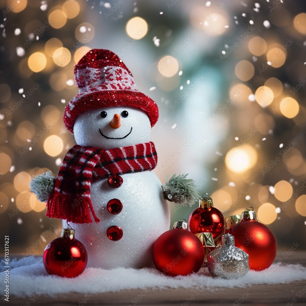 Snow man with christmas setting on bokeh background