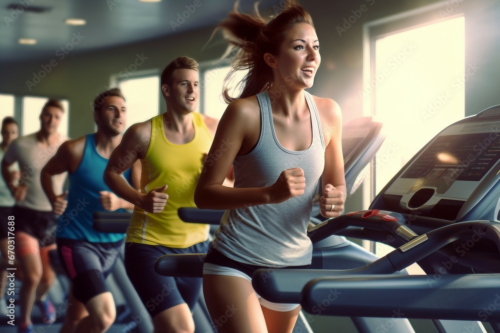 treadmills running people group  gym treadmill fit fitness cardio run man woman sport physical exercise gym male training health guy club girl group indoor friends wellness active people