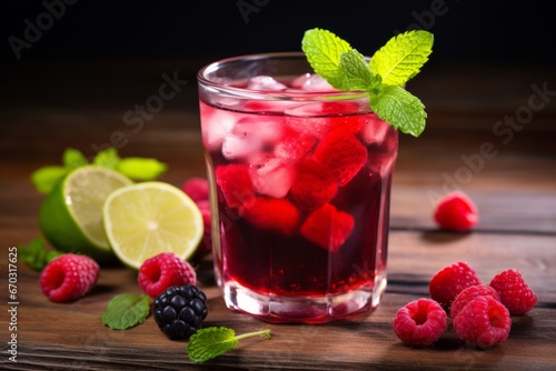 Zoomed-in view of a refreshing red berry infusion served with fresh garnish on an old-fashioned wooden table