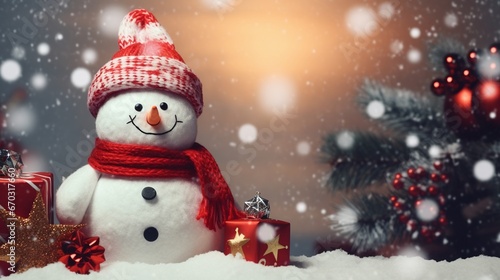 Snow man with christmas setting on bokeh background © tigerheart