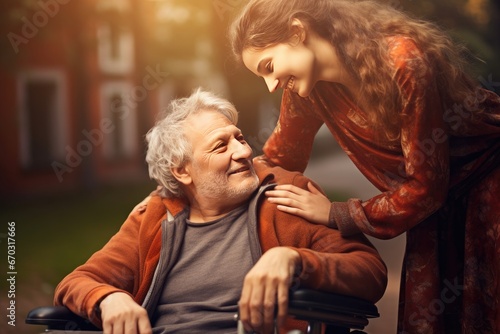 daughter caregiver wheelchair man senior home nursing care old senior man happy caregiver enjoying sunny day smiling daughter nature people elderly woman help young disabled hand
