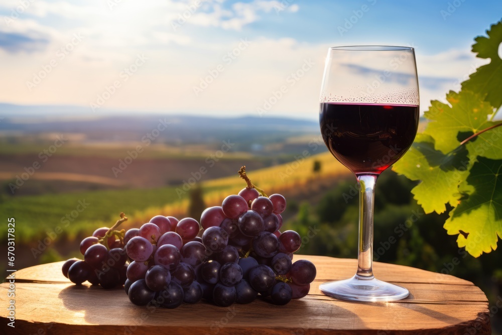 A chilled glass of grape juice rests on an old farm table, with a backdrop of sunlit vineyards