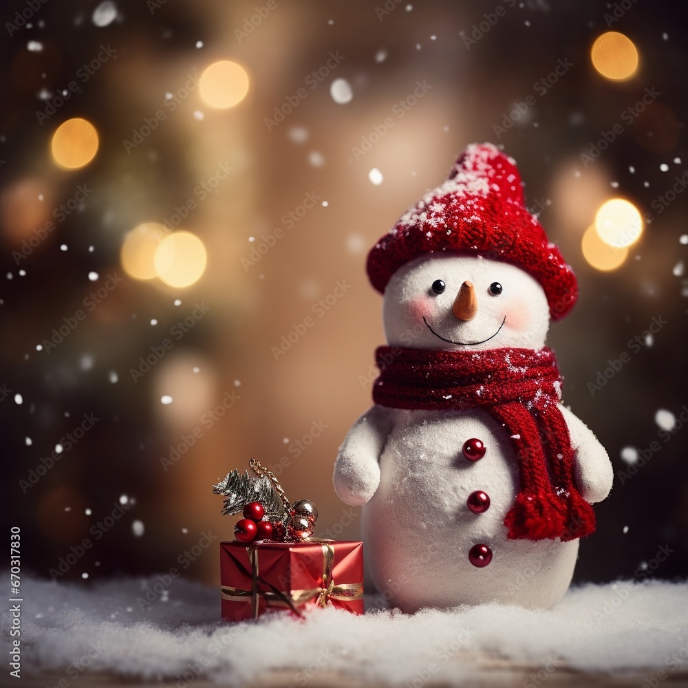 Snow man with christmas setting on bokeh background Snow man with christmas setting on bokeh background