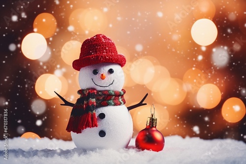 Snow man with christmas setting on bokeh background