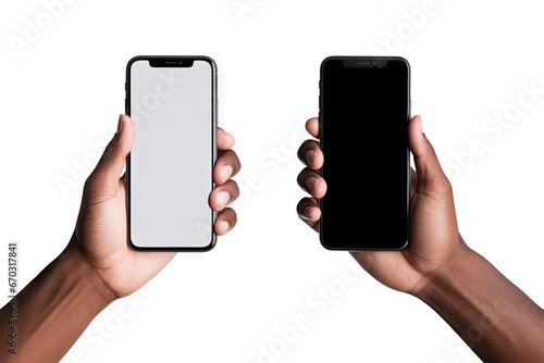 path clipping background white isolated positions perspective rotated two design frameless modern screen blank iphone smartphone black holding hand phone template mobile shopping online 15 pro photo