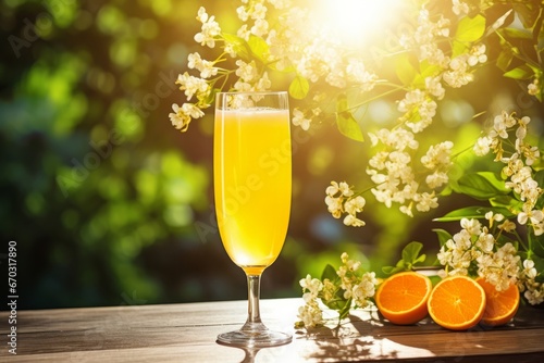 Sunlit Garden Brunch Scene featuring a Glass of Mimosa Cocktail with an Orange Slice Garnish