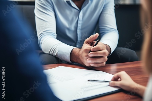 cropped image female counselor writing clipboard smiling male holding hand palms together therapy session office happy empty signs people caucasian smile health care medicals man crop symbol blank