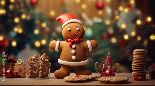 Christmas gingerbread man stand on a table with christmas setting