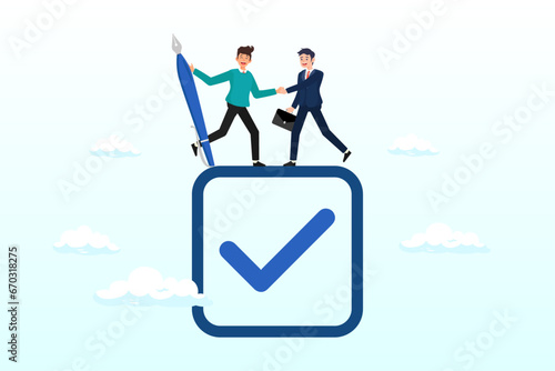 Businessman handshake on tick completed checkbox, commitment, promise or agreement to deliver or finish work, leadership skill or trust on work responsibility, accountability or engagement (Vector)