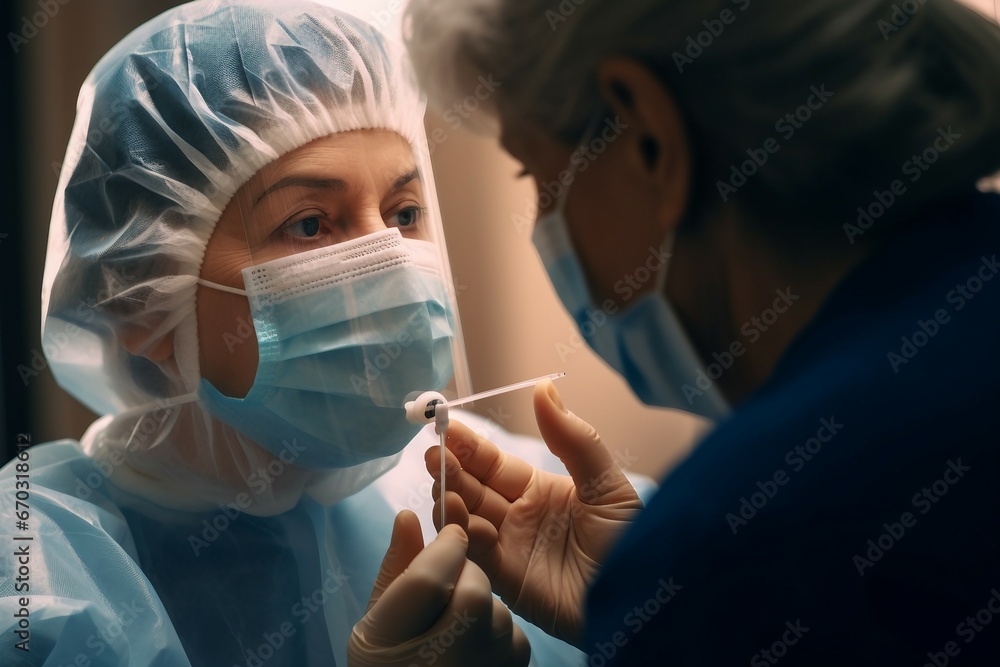 close female health professional ppe introducing nasal swab senior