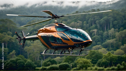 Modern bronze colored helicopter with clean transparent windows flying over the forest nature, sky and clouds reflecting in helicopter windows