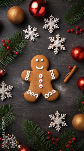 Gingerbread man with christmas ornaments and copy space