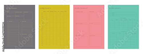 4 set of course overview, weekly schedule, semester dashboard and semester schedule planner. Minimalist planner template set. Vector illustration.	