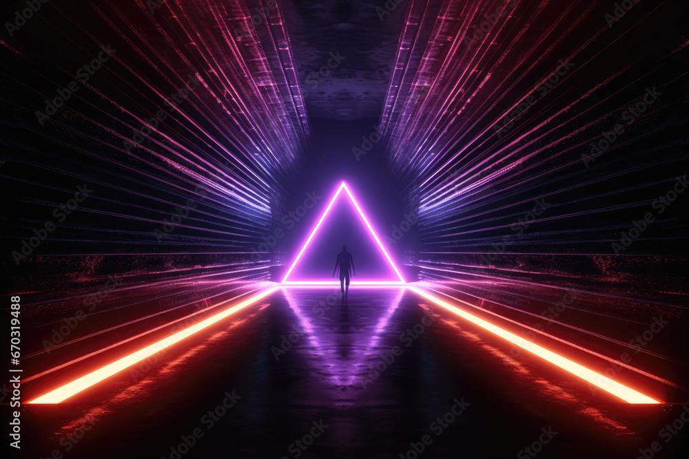 Fototapeta premium glow laser tunnel dark light neon figure geometric render 3d room background abstract stage wallpaper box graphic vibrant show perspective illustration space electric shape club led square game port