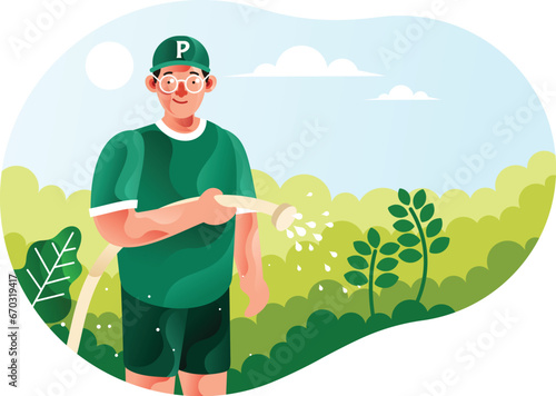 Man watering the plants with a hose