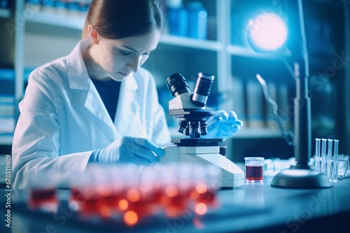 concept development research scientific pharmaceutical medical microscope laboratory tube test sample blood analyzing assistant technician lab virus science scientist service photo