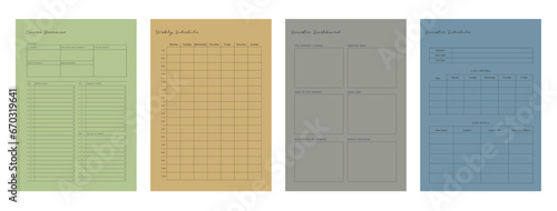 4 set of course overview, weekly schedule, semester dashboard and semester schedule planner. Minimalist planner template set. Vector illustration.	
