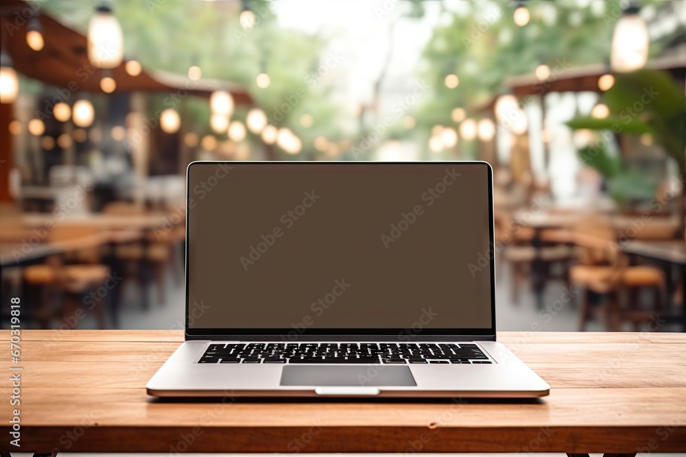 screen device background included paths clipping text your template mockup cafe coffee table wood blank laptop isolated computer desktop mock up notebook front view wallpaper inn design - obrazy, fototapety, plakaty 