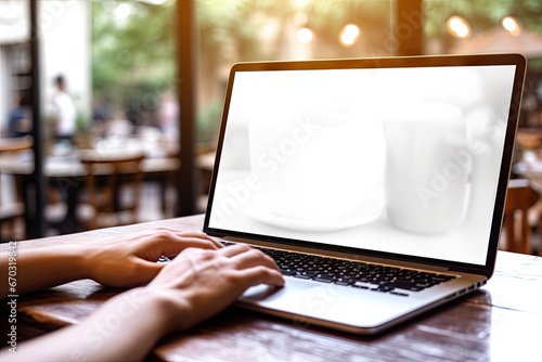 cafe table wooden vintage screen white blank laptop using hand image mockup network tree cafes display copy hot drink sitting business adult cyberspace workspace notebook casual attire photo