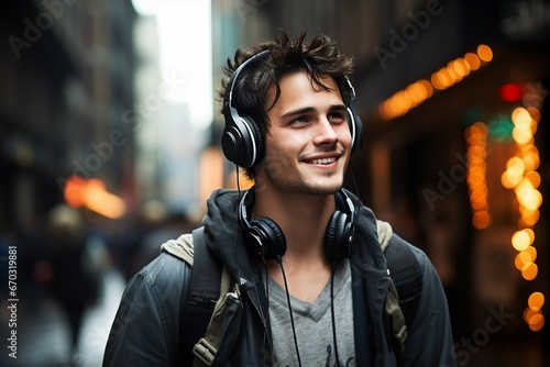 city man young earphones urban music laughing style adult attractive beautiful boy casual attire caucasian cocky confidence cool fashion fresh happiness happy lifestyle male photo