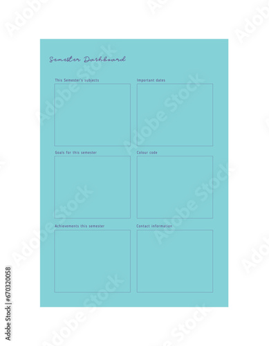 semester dashboard planner.  Minimalist planner template set. Vector illustration.	