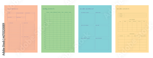 4 set of course overview, weekly schedule, semester dashboard and semester schedule planner. Minimalist planner template set. Vector illustration.	