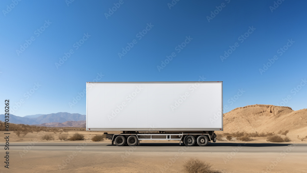 The side of a white trailer truck on the road with a blank billboard and horizontal background of desert and sunny sky. The side of a white trailer truck on the road with a blank billboard and horizontal background of desert and sunny sky.