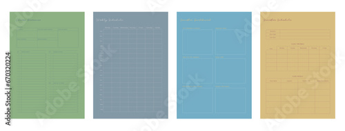 4 set of course overview, weekly schedule, semester dashboard and semester schedule planner. Minimalist planner template set. Vector illustration.	