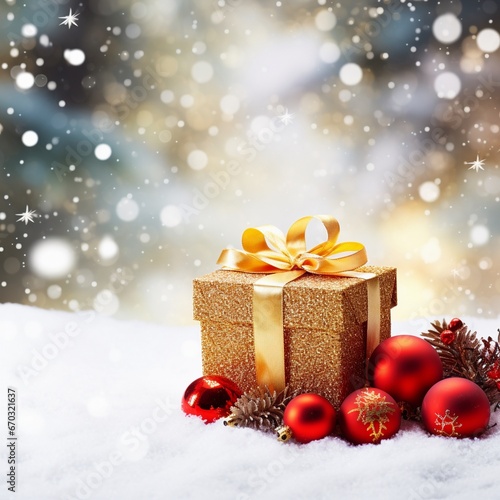 Christmas giftbox on snow background under a christmas tree