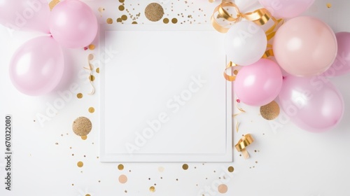 Mockup card birthday wedding background white table paper top greeting view stationery. Card blank postcard mockup birthday frame gift mock flatlay design green leaves happy desk template composition.