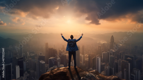 Businessman at mountaintop during sunset. Success, victory, winner, achievement, leadership concept
