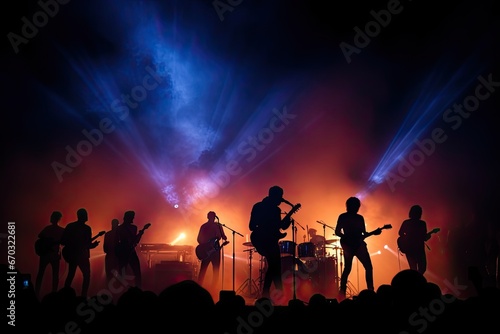 festival rock together singing people group unrecognizable musicians silhouettes stage concert playing band music silhouette light song photo