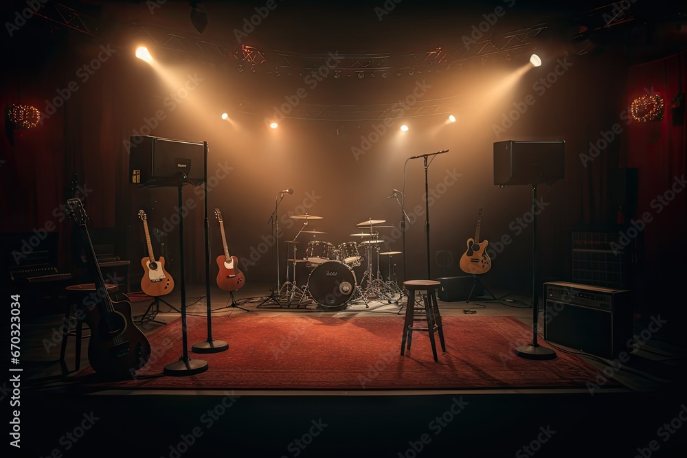 concert music live unplugged small stage empty night light dark old room artistic song studio rythm audio beat set drum black bass metal show acoustic classical performer background - obrazy, fototapety, plakaty 